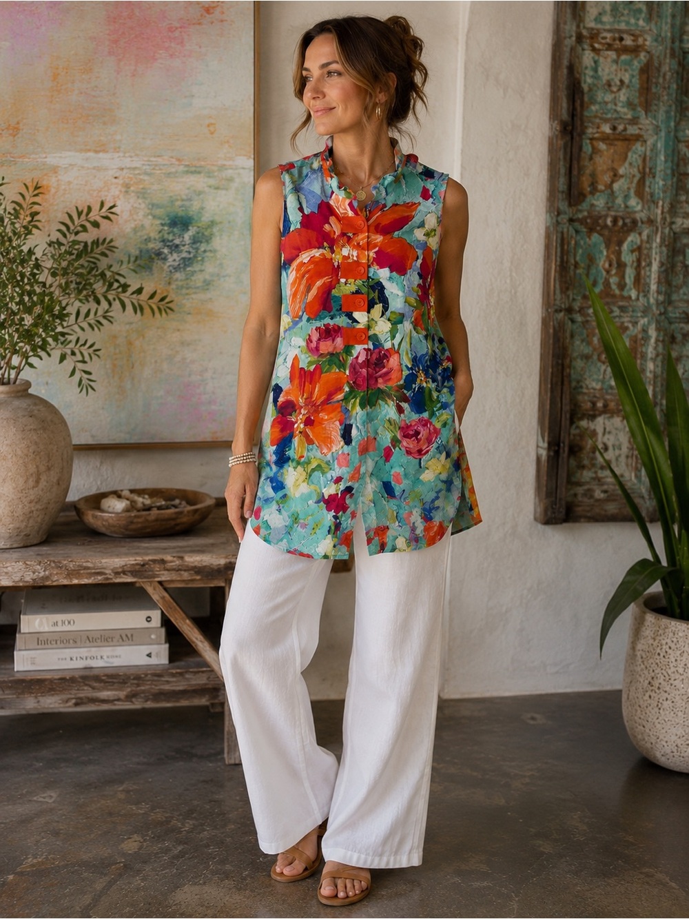 Ali Miles Floral Tropical Button Coastal Island Breeze Tunic Top SZ M